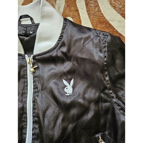 VINTAGE Playboy Y2K 90’s Black & White Silky Bomber Jacket Pockets Medium - Picture 3 of 7